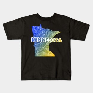 Colorful mandala art map of Minnesota with text in blue and yellow Kids T-Shirt